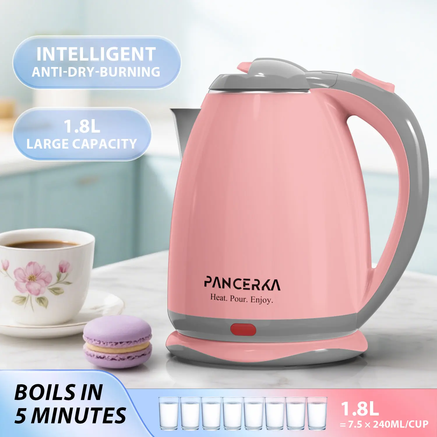 PANCERKA Electric Kettle, 1.8L Fast Boil Tea & Hot Water Kettle, Cool-Touch Double Wall, Auto Shut-Off & Boil-Dry Protection, BPA-Free, Perfect for Coffee, Tea & Daily Use