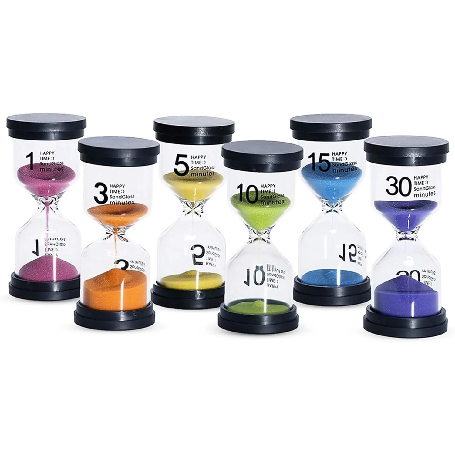 XY-TIM04 Classic Universal Shockproof Hourglass Set (6 Timers, Pack of 6) - Glass+PVC Construction, Brightcolors, 1/3/5/10/15/30 Mins Sandflow, No-Battery Gametime Timer, Exquisite Sea Sand, 3.7''x1.7'', 2.6oz, for Kids, Home Decor