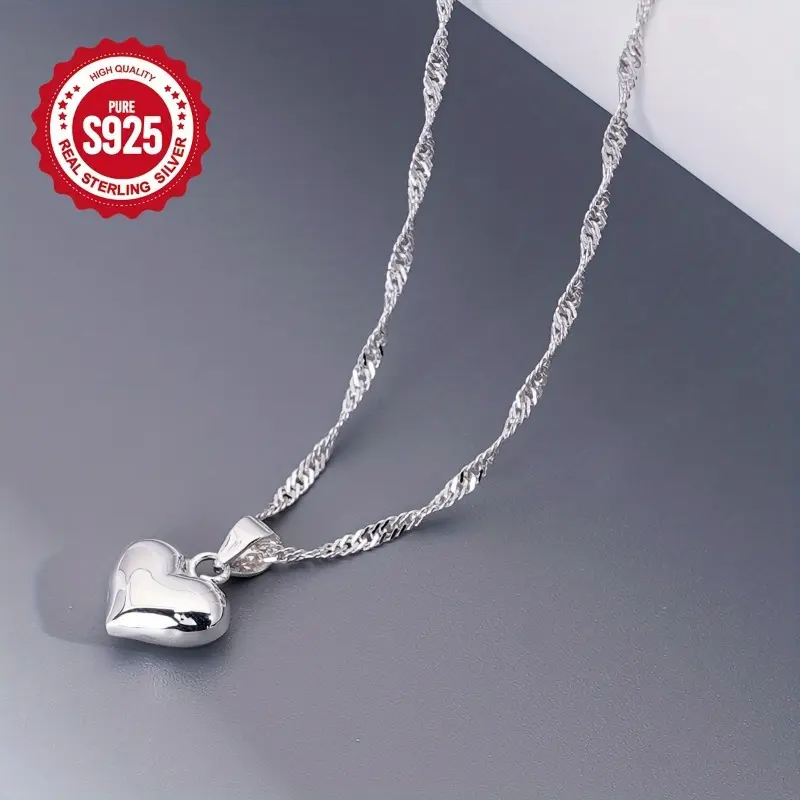 S925 Solid Silver Solid Heart Pendant Chain Necklace, Ideal for Daily Wear