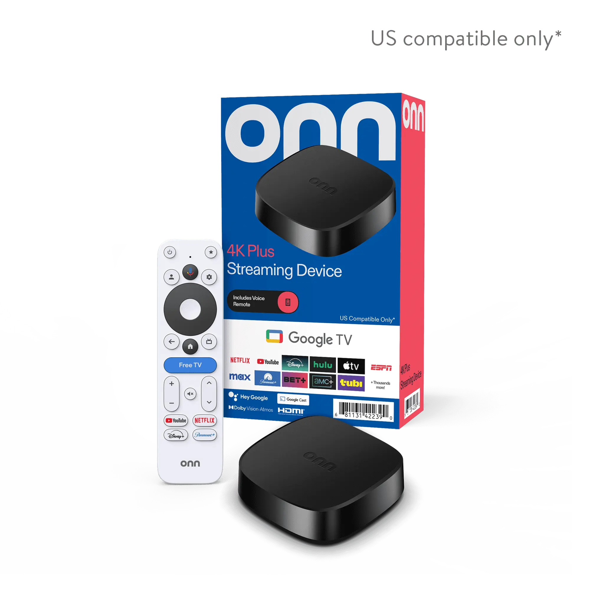 onn 4K Plus Streaming Device, Google TV - Ultra-fast Streaming, Stunning 4K UHD, 16GB Storage, 2GB RAM, Dolby Vision & Atmos, Remote with Voice Control - U.S. Compatible only