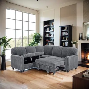 L-Shaped Sectional Sofa Bed with Pull-Out Bed & Storage, 5-Seat Sleeper Couch with USB Charging, Convertible Design for Living Room, Apartment, Corduroy Fabric, Grey family  couch