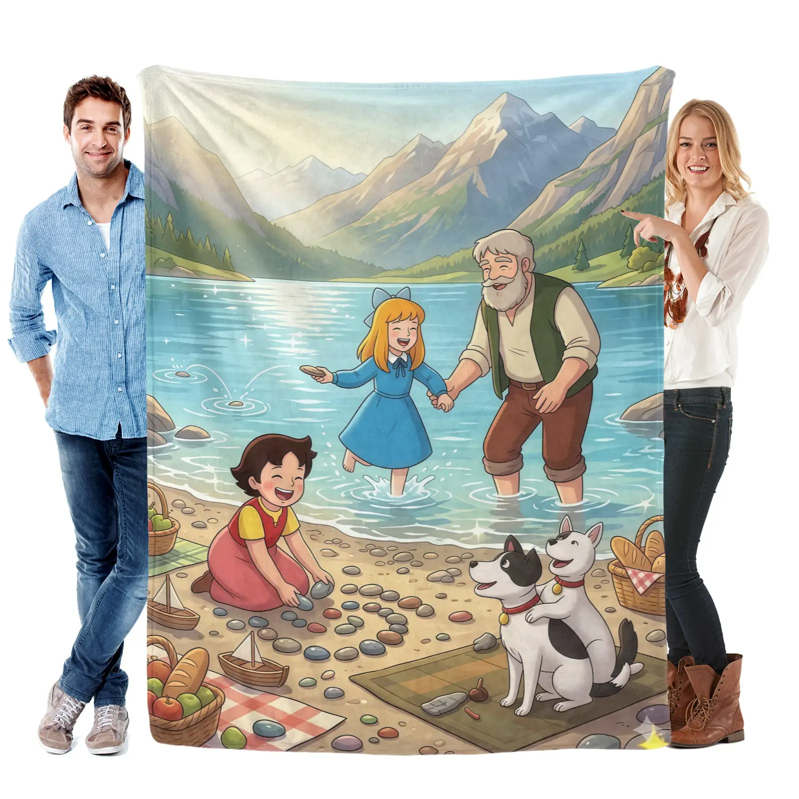 Heidi Cartoon Girl Alpine Lake Picnic Flannel Blanket, Mountain Lake Wildflower Scene Print, Soft Cozy Lightweight Plush Blanket, Blue Sky Snowy Mountain Home Decor for Sofa Bedroom, Perfect Gift for Kids, Teens and Classic Cartoon Fans