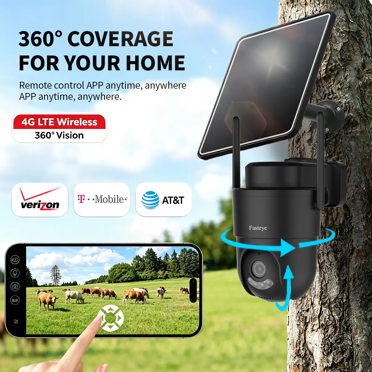 4G LTE Wireless Solar Powered Security Camera - HD Live View, 360° Coverage, No WiFi, Remote APP Control, Waterproof, Motion Activated, Night Vision, Outdoor (Unlimited 4G Data Requires Refill) Cctv Security Cameras Wireless Outdoor Card Monito