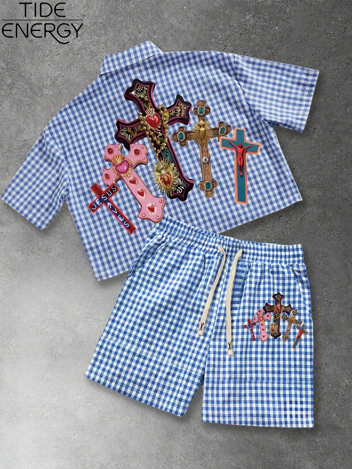 Men's Oversize Christian Cross Print Blue Gingham Checkered Casual Oversized 2-Piece Set, Faith Aesthetic Shirt Shorts Set, Summer Streetwear