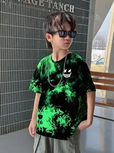 Boys' Tie-Dye Short Sleeve Tee, Gradient Ghost Face Pattern, Casual Breathable Summer Top, Fitted Long Clothing, Short Sleeves, Funny Graphic Tee, Funny Shirt, Funny Print Shirts, Casual Comfy Shirt