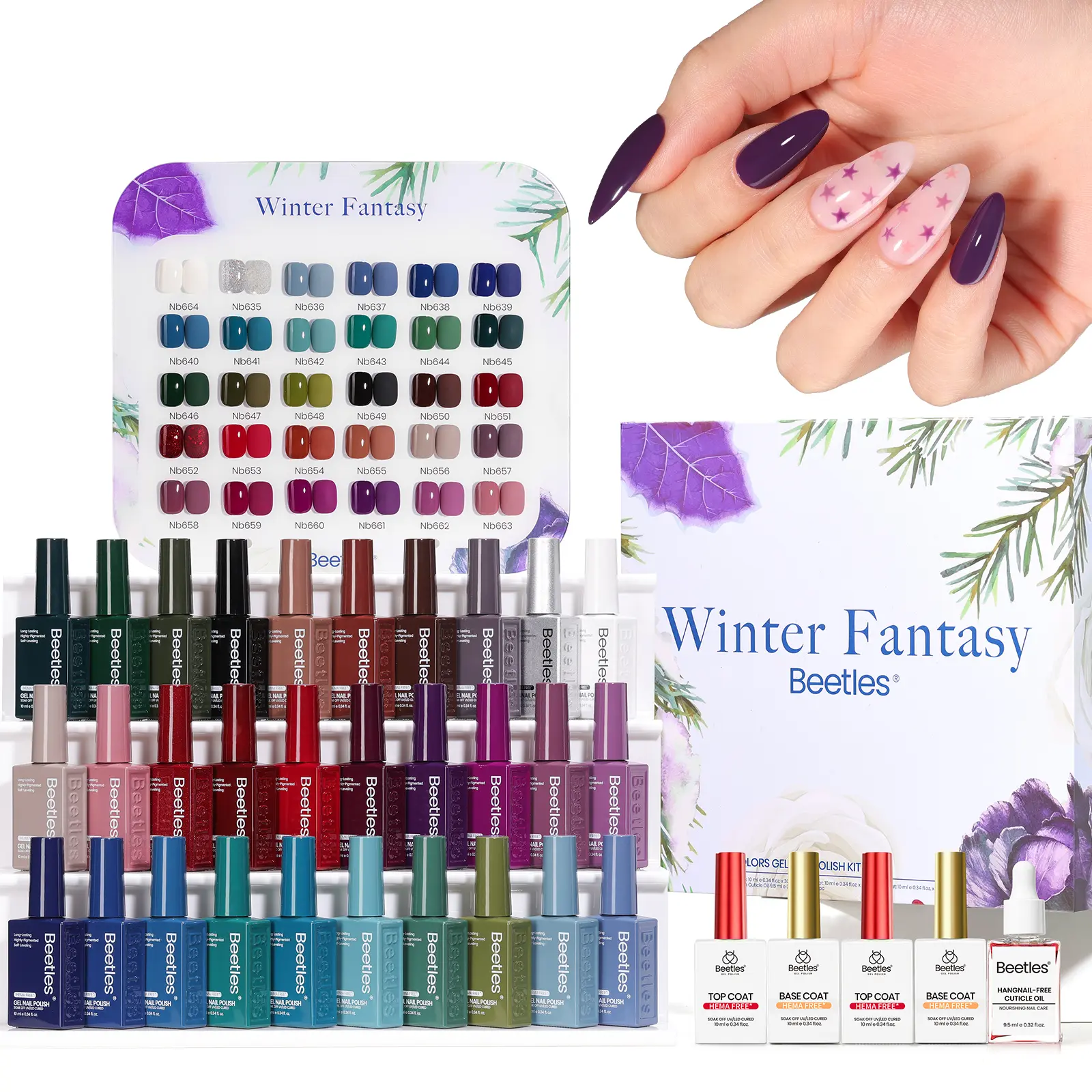 Beetles Spring HEMA-Free Gel Nail Polish Multi-Pack - 35PCS 10ml Soak Off UV LED Nail Art Kit, 30 Olive Winter Fantasy Metallic Berry Red Caramel Shades, Glossy Base Top Coat, Cuticle Oil for At-Home Manicure Selfcare Gift, Gel Polish, Manicure At Home, 3