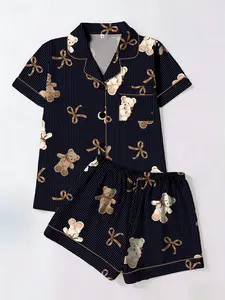 Trendy Gold Striped Bear Bow Tie Printed Fitted Sleepwear Pajama Loungewear Set, Short Sleeve & Shorts Two-Piece, All-Season Comfortable Home Wear