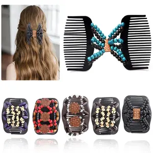 Magic Hair Combs for Women  Beaded Stretch Double Hairs Side Combs Adjustable Elastic Hair Clips Bun Maker Hair Accessories,Pack of 6