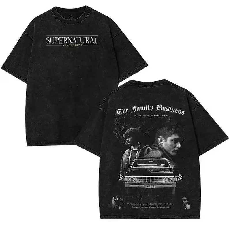 Black Washed Supernatural Winchester Brothers Impala The Family Business Vintage Grunge Dark Paranormal Graphic T Shirt Oversized Cotton Crewneck Tee Streetwear Top for Alt Gothic Streetwear Fans and Casual Daily Outings