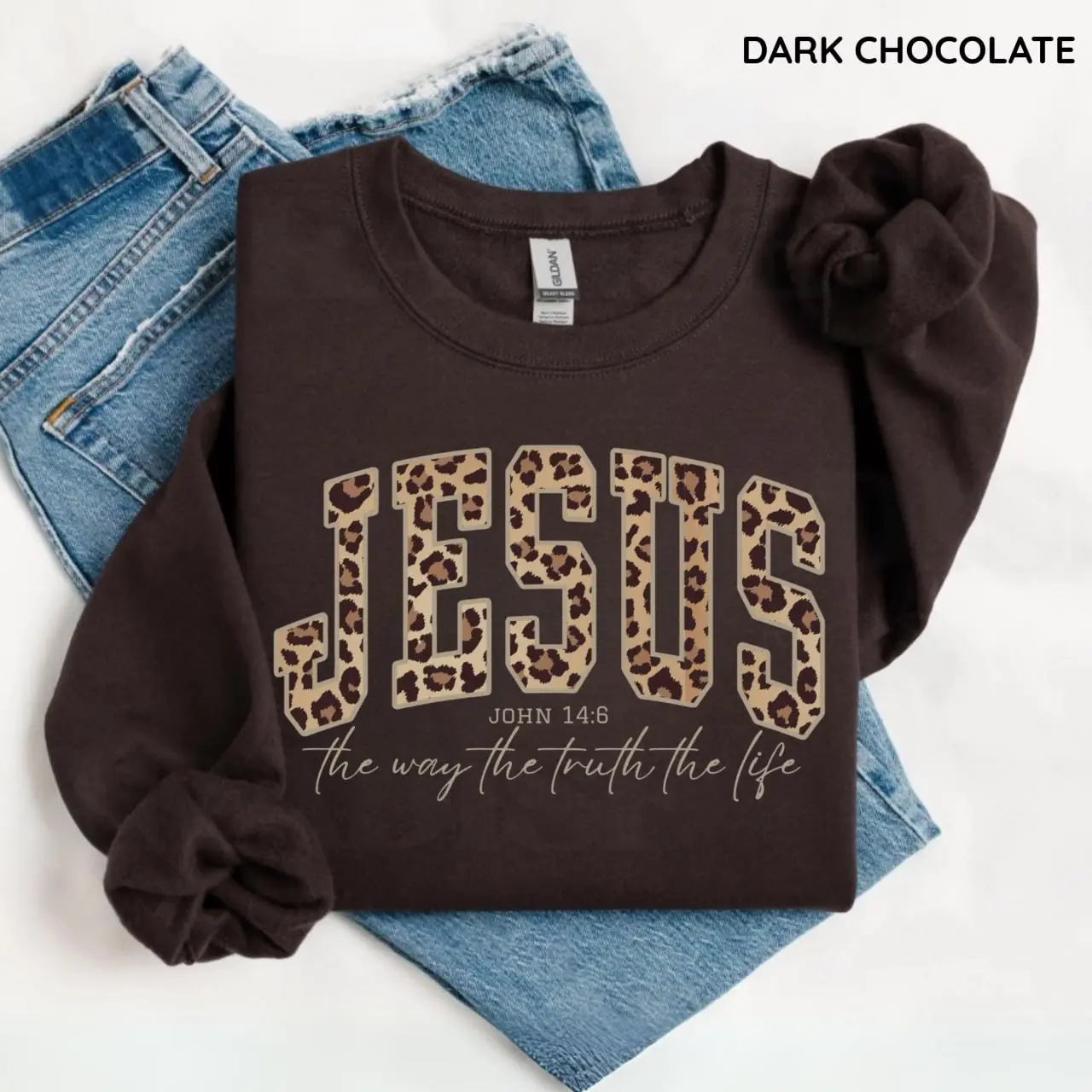 Christian Jesus Sweatshirt, Cheetah Print Bible Verse Tshirt, Trendy Faith Apparel Gift, Jesus Loves You, The Way The Truth The Life