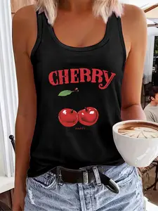 Women's Cherry & Letter Print Round Neck Tank Top, Casual Sleeveless Top for Daily Wear, Ladies Clothes for All Seasons, Socks