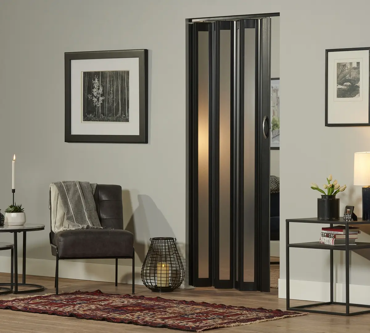 Homestyle Metro 36x80 in Vinyl Folding Door - Black, Frosted Panels, 360-Degree Rotating Stand, Modern Design, Easy to Install, Reversible Handling, Indoor Use, Ideal for Kitchen (Home Improvement Building Supply, Vinyl Doors)
