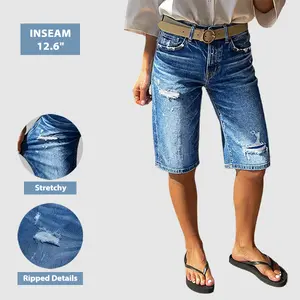 Flamingals Wash Ripped High Rise Denim Bermuda Shorts Womenswear Stretchy 12.6" Inseam