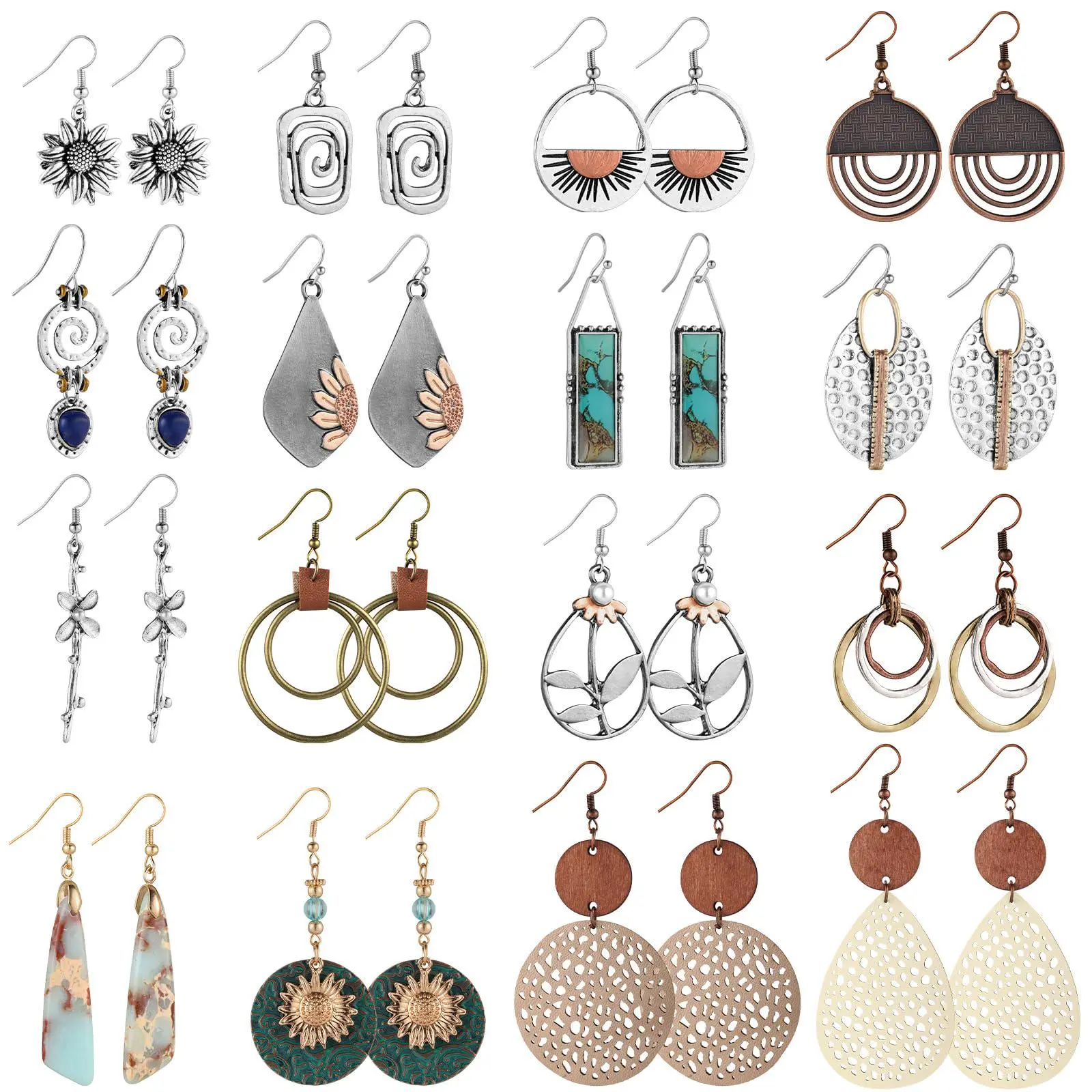 16 Pairs Earrings for Women Trendy, Boho Dangle Earrings for Women | Vintage Statement Sunflower Round Geometric Earrings Wooden Leather Earrings