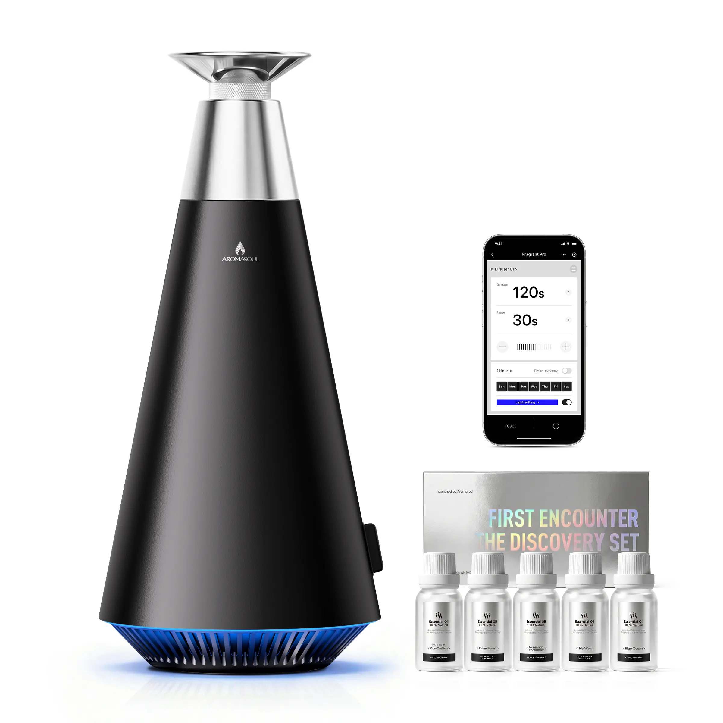 AROMASOUL Waterless Scent Diffuser Starter Kit - Alloy Atomization System, 1500 Sq Ft Coverage, Smart Rechargeable, Mood Light, 120ml Essential Oil Included, Fragrance Freshener for Aromatherapy for Home, Spa (Black), Scented
