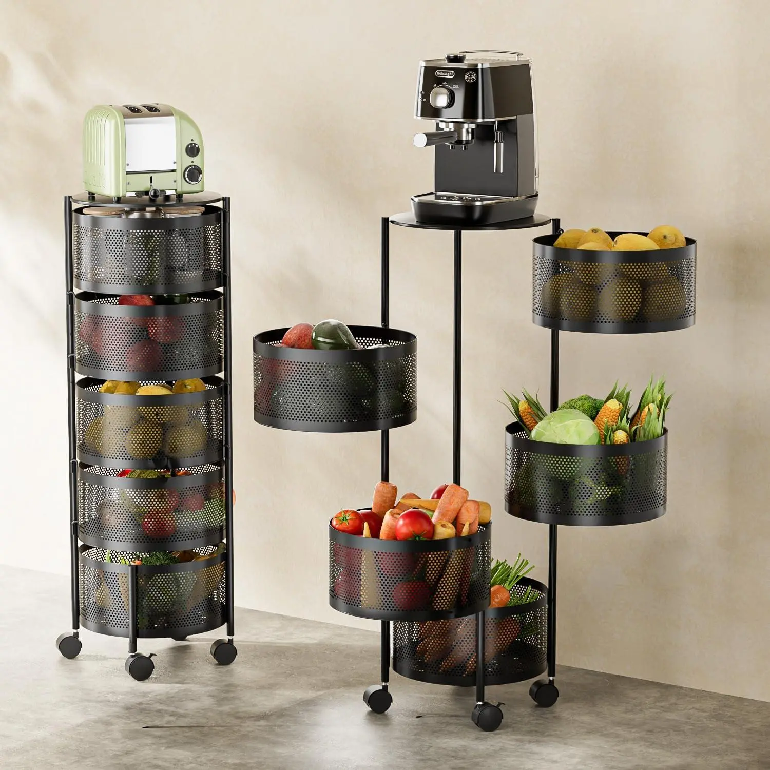 summerwins 1-Piece Adjustable 3/5-Tier Rotatable Round Metal Storage Rack, No Assembly Required, Smooth Surface, Mesh Design, Kitchen Supplies Holder for Kitchen/Bathroom, Fruit & Vegetable Basket (Black/White), Racks