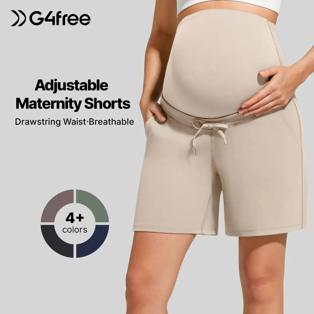 G4Free EverGoing Women's Maternity Athletic Shorts - Over The Belly, Drawstring, Pockets, Stretchy Adjustable Maternity Clothing for Yoga Workout (Pregnancy Clothes)