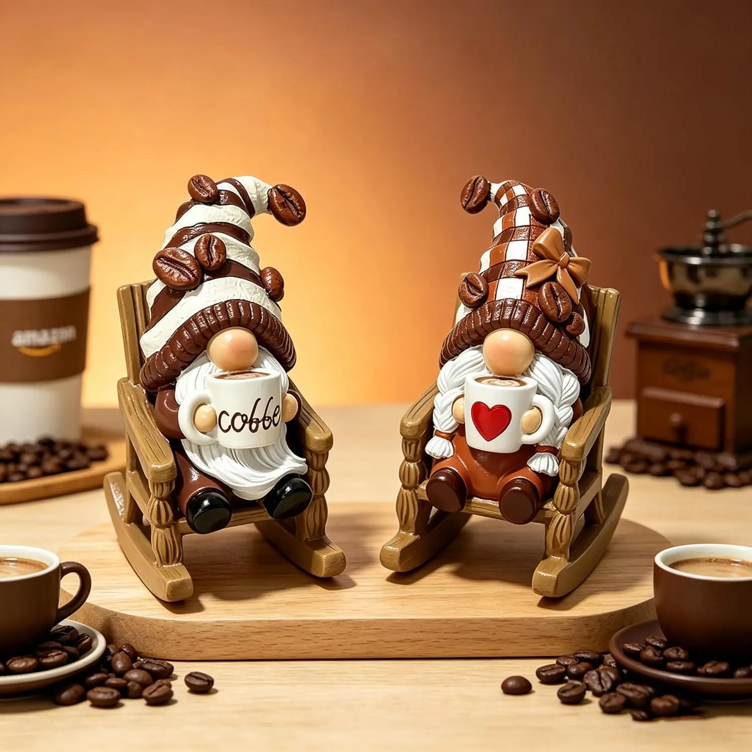 Sangeren 2-Pack Coffee Gnome Garden Statues, Resin Rocking Chair Figurines with Mugs, Weatherproof Home Decor for Indoor-Outdoor Patio Lawn, Funny Coffee Lover Gift