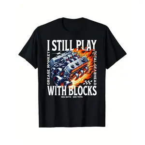 Menswear Fitted Cut Shortsleeve Round Neck Seamless Fabric T-Shirt - Casual Streetwear for Car Mechanic V8 Block Gearheads, "I Still Play With Blocks" Print, 3X Fast Sweat-Absorbing, Wrinkle-Free, Durable Sports Top,summervibes
