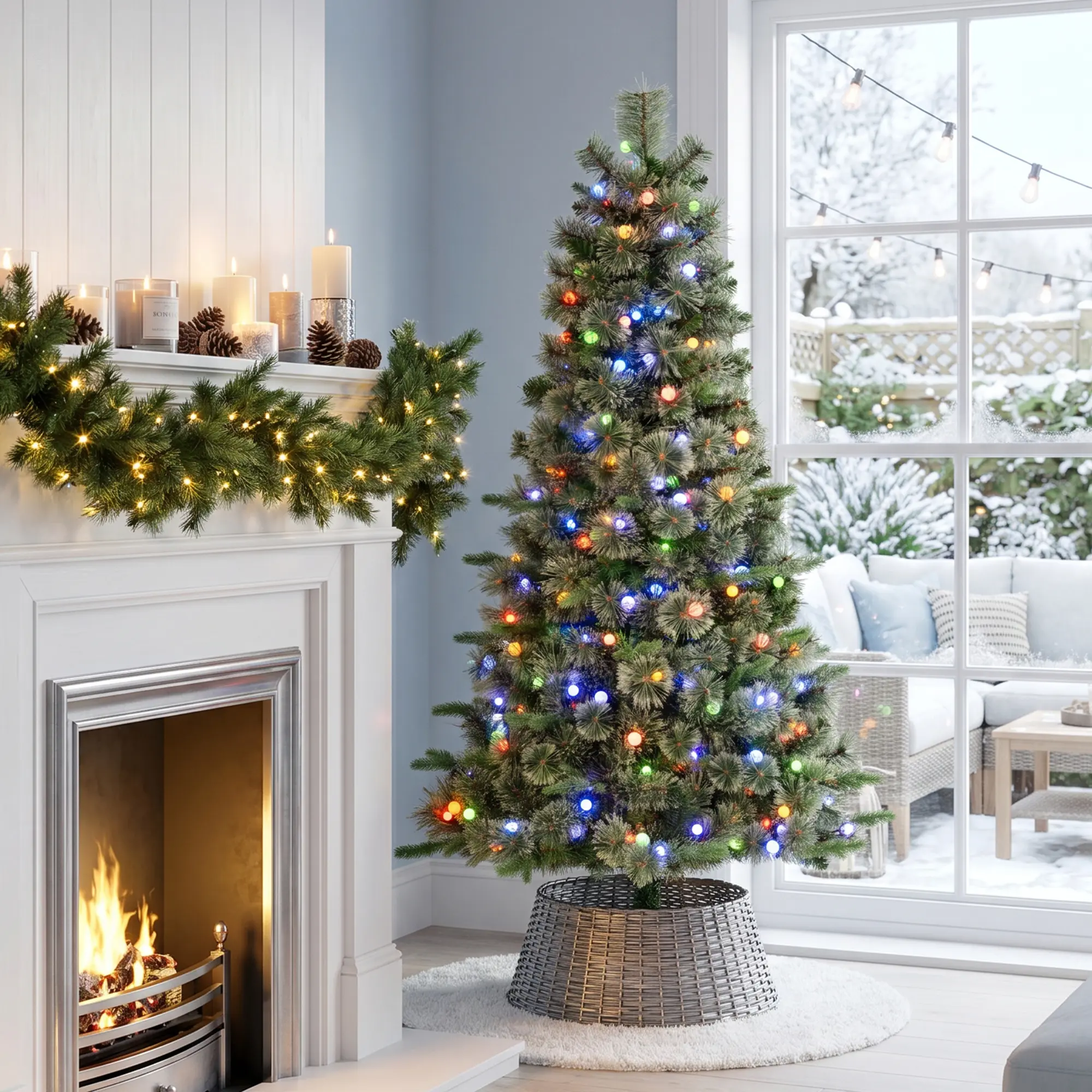 Glitzhome 6ft/7.5ft/9ft Pre-Lit Green Cashmere Slim Pine Artificial Christmas Tree with Warm White and Multi-color Globe LED Lights, 9 function w/ Foot Pedal and Remote Control