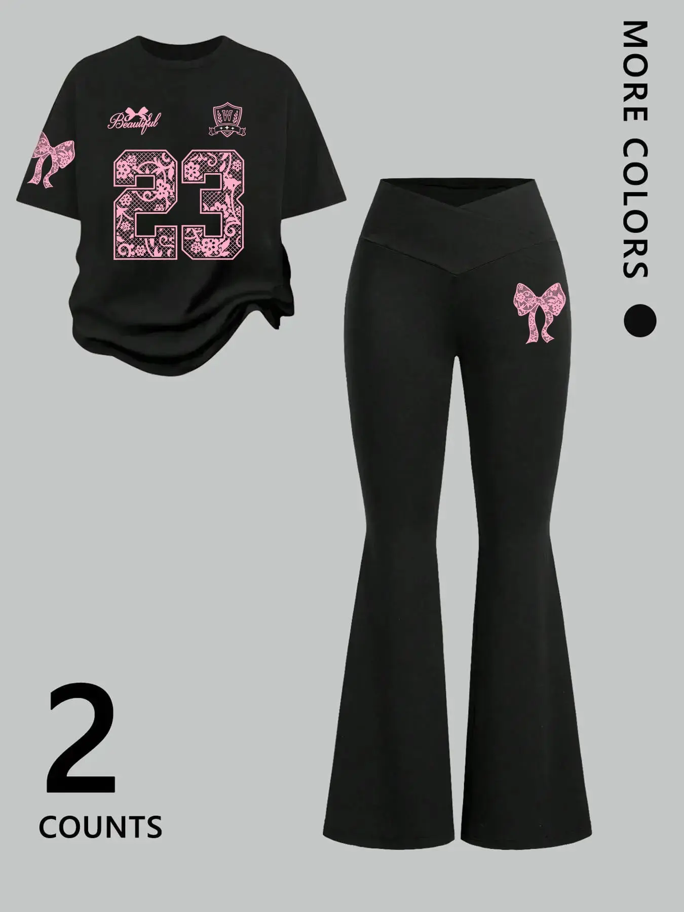Women's Cute Bow & Number 23 Graphic Print Casual Set, Bow Embellished Versatile Fitted Round Neck T-shirt & Slim-fit Flare Pants, Casual 2-piece Outfit Clothes for Daily & Streetwear Looks Feminine Womenswear