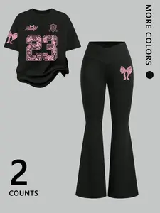 Women's Cute Bow & Number 23 Print Casual Set, Bow Embellished Versatile T-shirt & Slim-fit Flare Pants, Casual 2-piece Outfit for Daily & Streetwear Looks