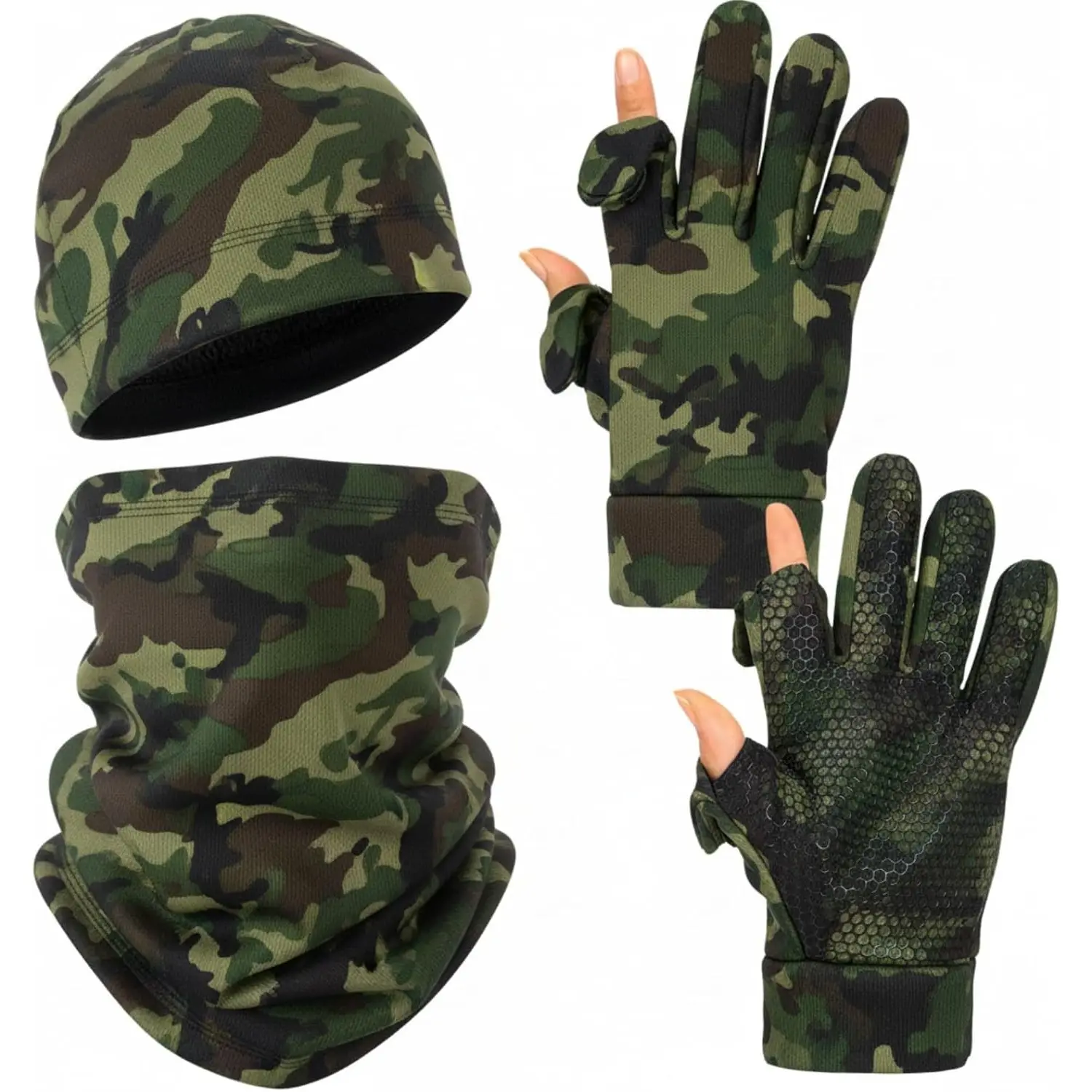 Unisex Adult Cotton/Poly Forest Camo Winter Beanie-Neck Gaiter Set, Fleece-Lined, Thick Warm, Stretchable Fit, Hunting Outdoors Cold Weather Sports & Outdoor Gear, Universal Sport
