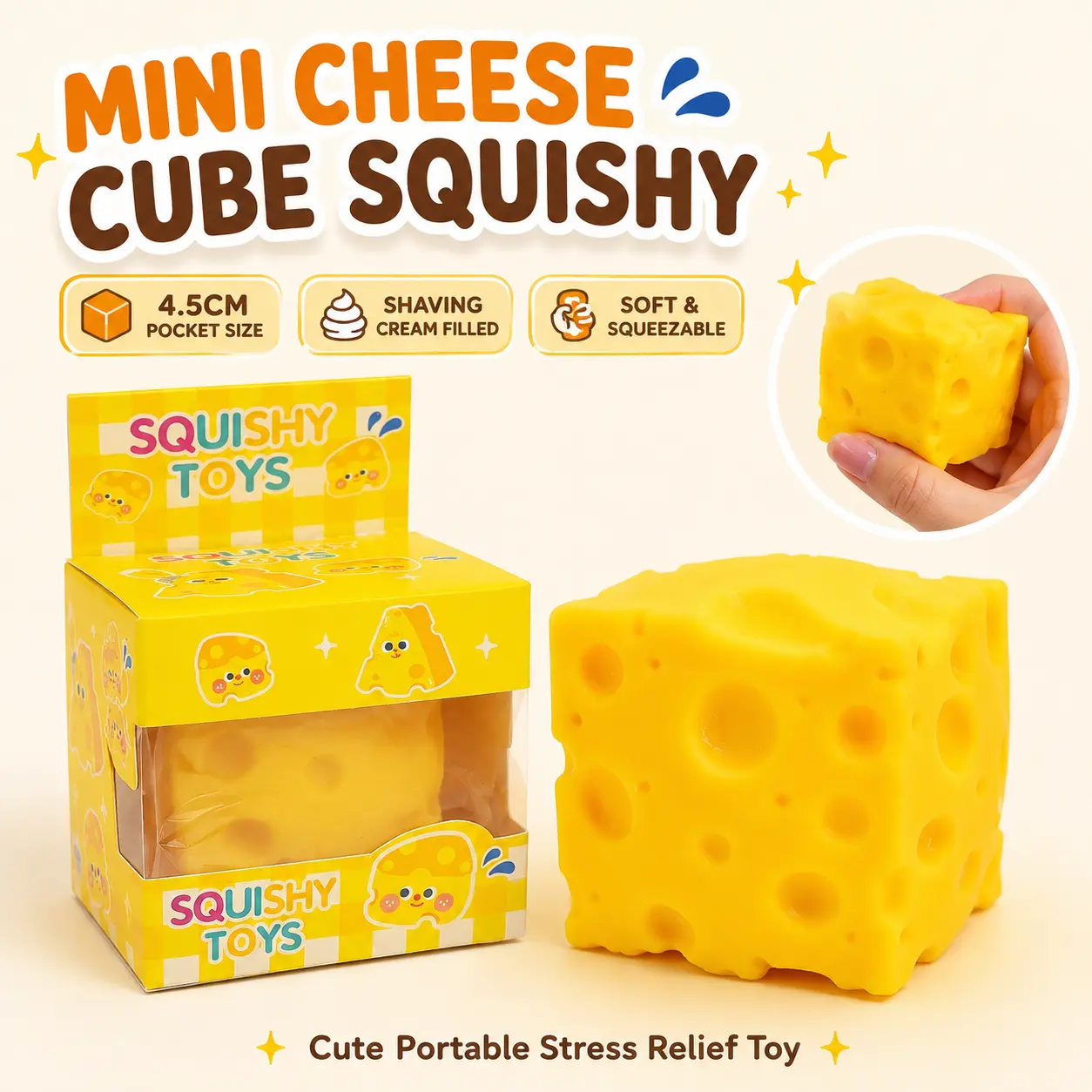 Cheese Cube Squishy Toy,  Shaving Cream Filled Pocket Sensory Squeeze Toy, 4.5CM Mini Soft Cheese Fidget Stress Relief Desk Toy, Cute Portable Fun Gift