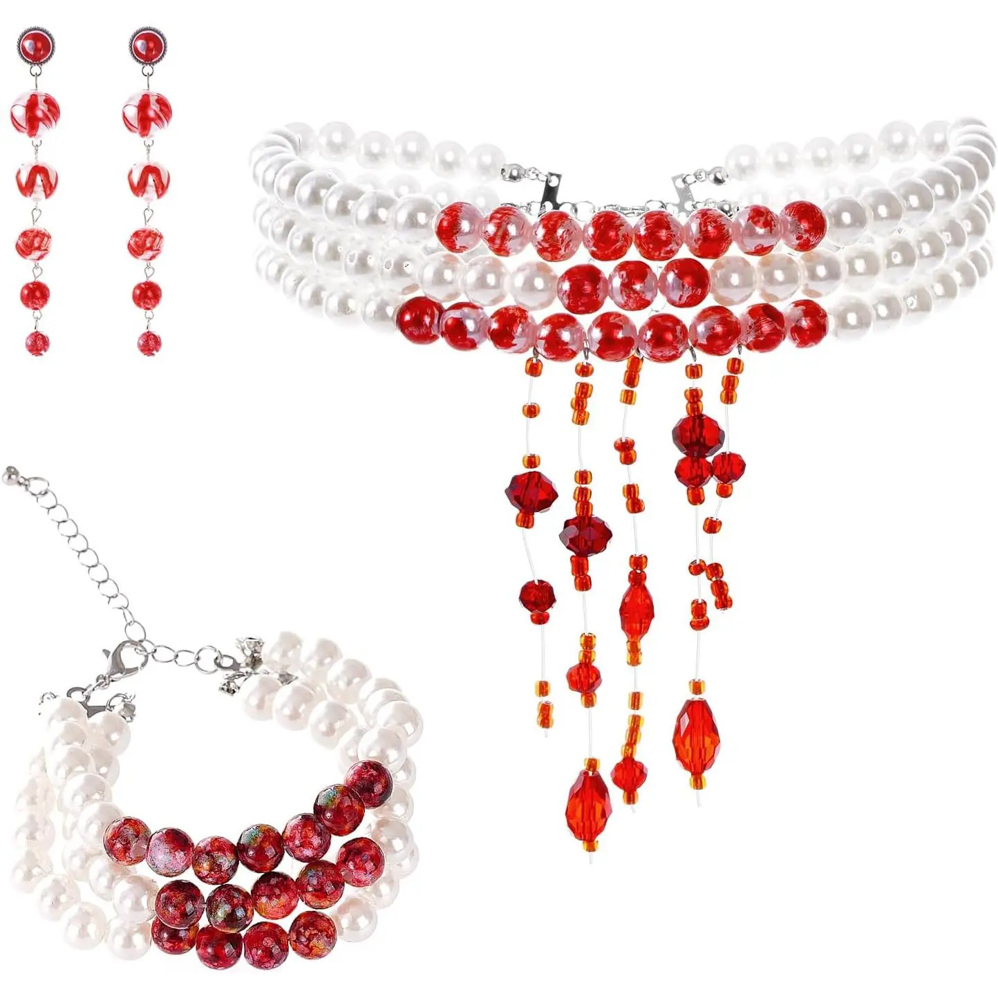 Women's Gothic 3-Piece Necklace Bracelet Set - Dripping Blood Imitation Pearl Layered Fashion Choker & Drop Earrings, Plastic Matching Cosplay Jewelry Gift Set for Halloween Vampire Costume, Cosplay Gift for Daughter, Mother, Wife, Lover
