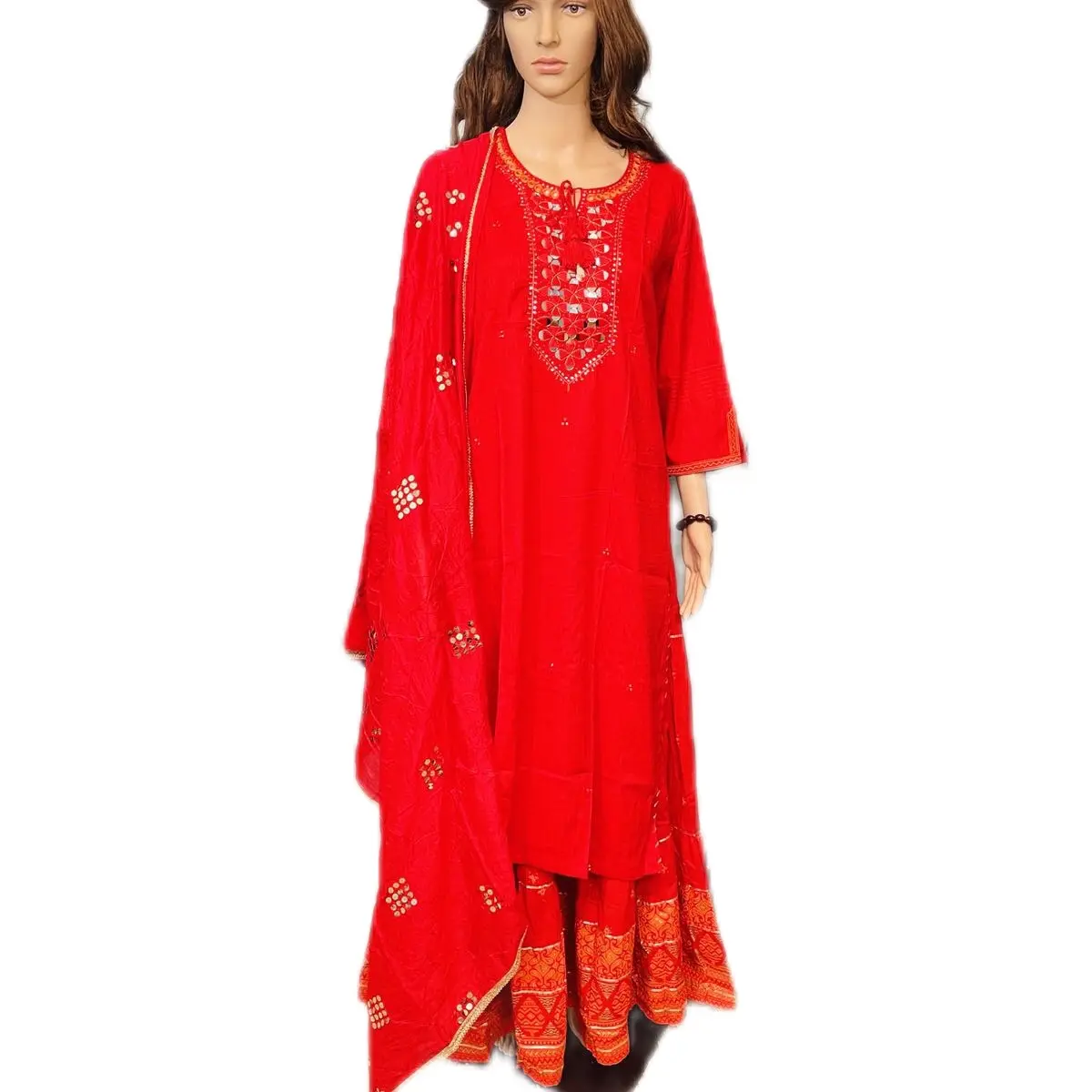3piece mirror cotton kurta with lehenga and Dupatta