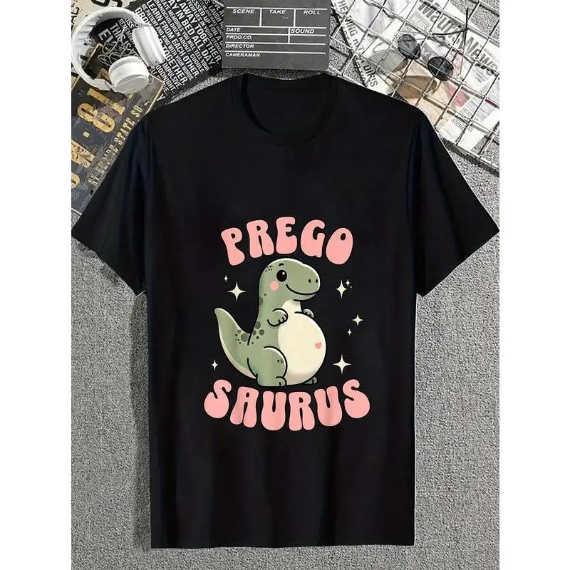 Women's Pregosaurus Graphic T-Shirt - Retro Cotton Short-Sleeve Casual Streetwear with Round Neck/Crew Neck, Casual Fit, Retro Vibe, Funny Pregnancy Announcement Top for Everyday Wear, Queer Whimsical Bizarre Print