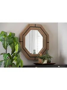 212 MAIN Octagonal Wall Accent Mirror - Natural & Black Bohemian Woven Grass Cloth, Wooden Wicker-Wood & Glass Rustic Bathroom Fixture, Boho Coastal Home Decor, Room Accessories