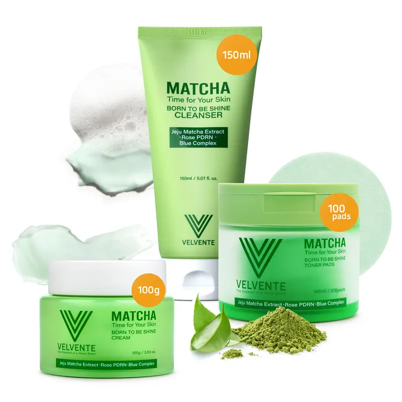 [Bundle]Velvente Matcha 3-Step Skincare Set – Cleansing Foam, Toner Pad & Moisturizing Cream – Green Tea & Plant PDRN – Hydrating, Soothing & Antioxidant Korean Skincare Routine