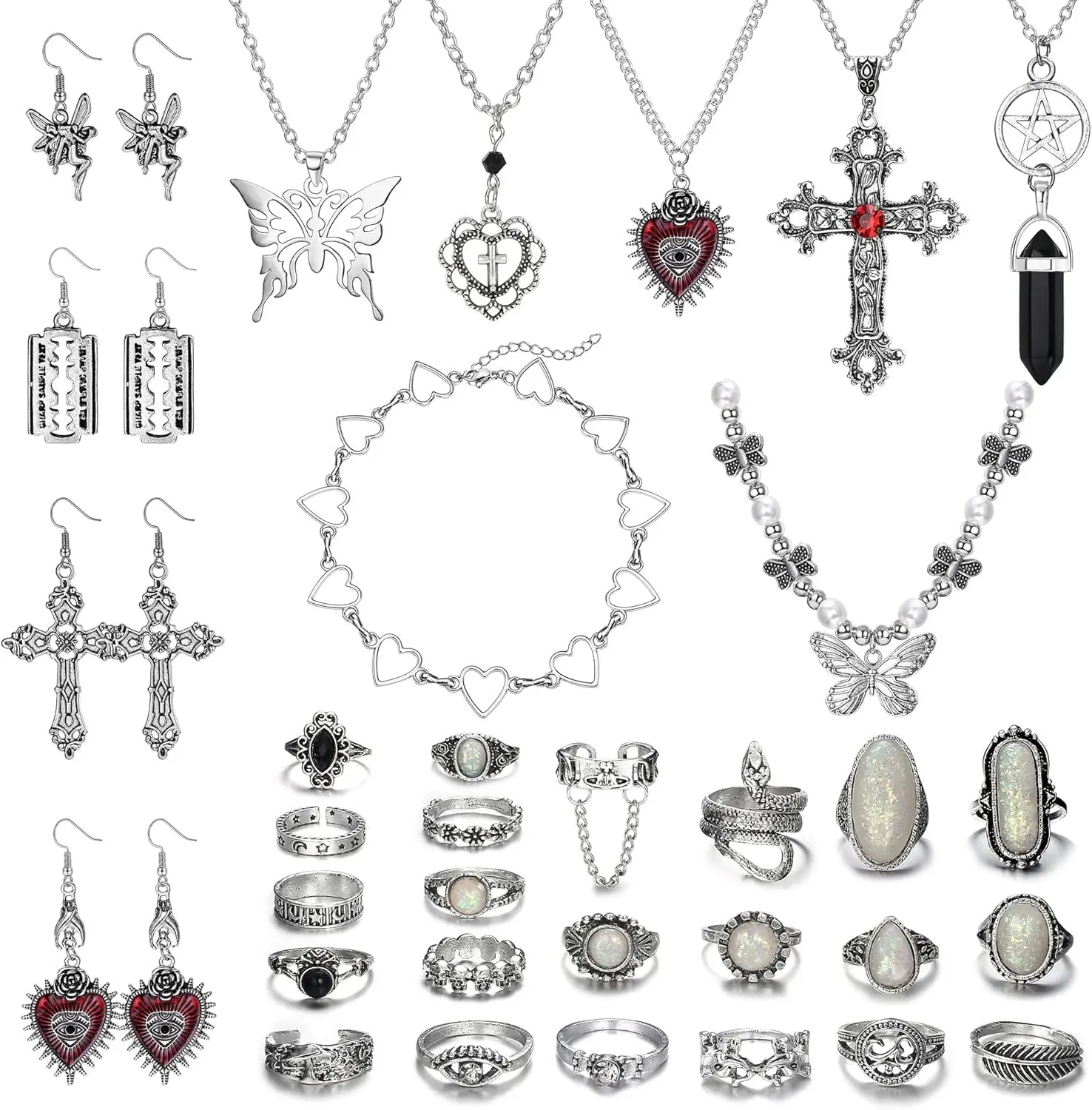 FUNRUN 37Pcs Grunge Y2K Jewelry Set-Gothic Necklaces, Punk Rings & Fairy Earrings|Vintage Boho Goth Accessories for Women Men|Emo Alt Jewelry Bundle