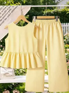 Girls' Striped Two-Piece Set, Round Neck Backless Sleeveless Top & Long Pants, Casual Comfortable Daily Wear, Striped Sets, Casual Fashion Set, Casual Summer Set, Summer Outfits Set, Summer Clothing Set