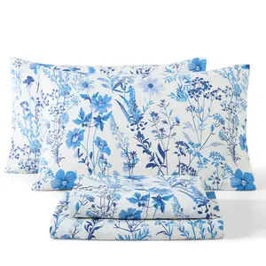 HLC.ME Blue Floral Bed Sheets Microfiber Fabric Wrinkle Resistant Deep Pockets for 15 Inch Mattresses Soft Comfortable Summer Style Cute Design