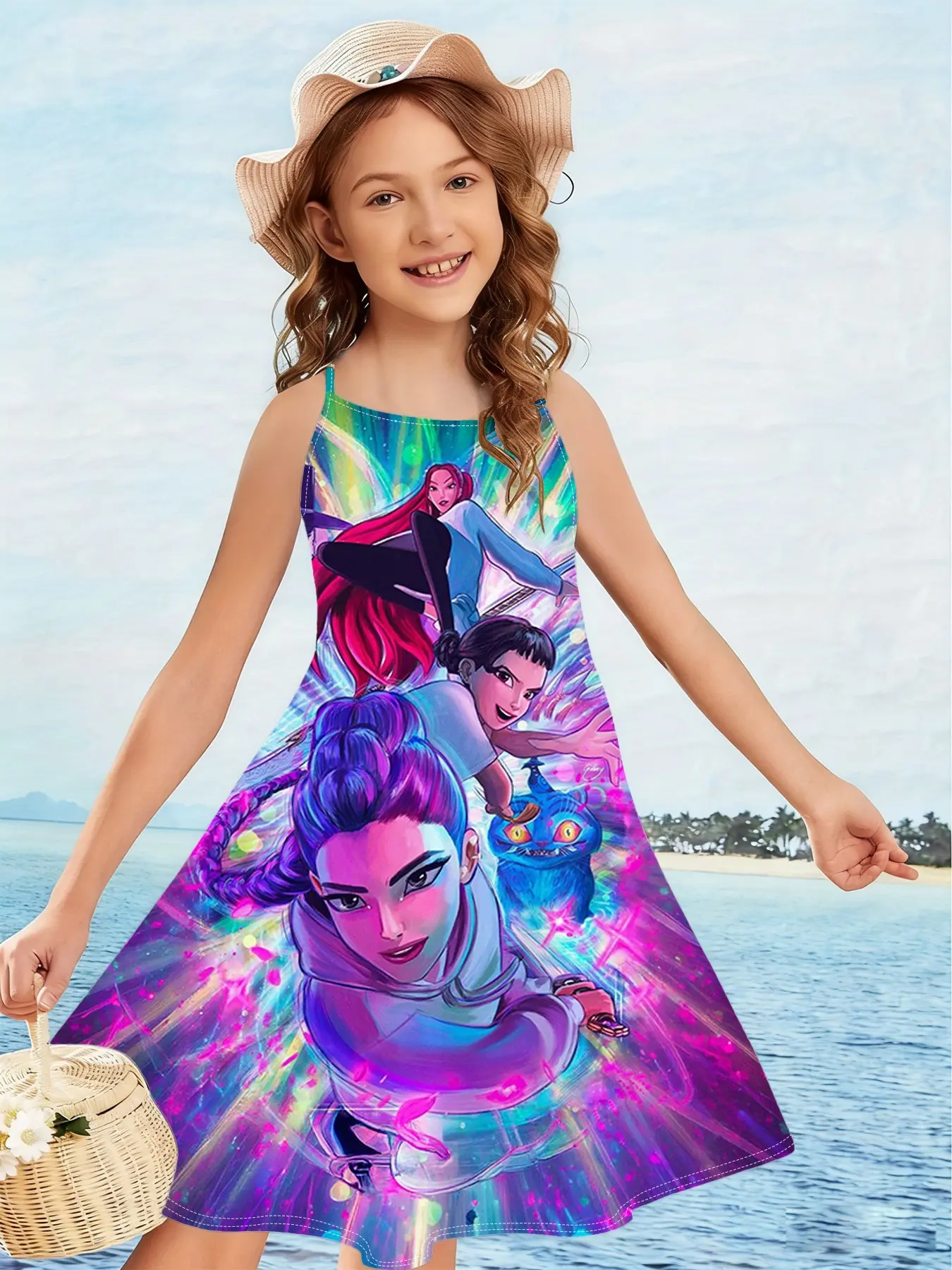 Girls' Sleeveless Tank Summer Dress with 3D Idol Girl Group K-Pop Print, Cute Style, Suitable for Casual Wear, Vacations and Daily Outings