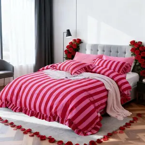 Striped Print Ruffled Sheet Set and Pillowcases, 3 Piece Set, Includes 1 Duvet Cover and 2 Pillows, Striped Bedding Set Christmas Gift, Modern Bedding Set