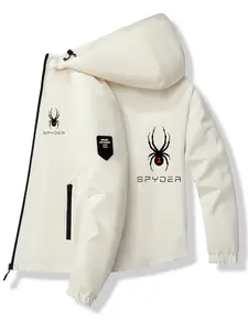Men's Fashion Jacket with Spider Logo, Stylish Zipper Pockets, Casual Hooded Design, Spring & Fall Wear, Polyurethane Material