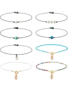 8 Pcs Seed Bead Choker Necklace Tiny Beaded Choker Boho Turquoise Bead Single Pearl Natural Seashell Pendant Hawaii Clavicle Necklace for Women