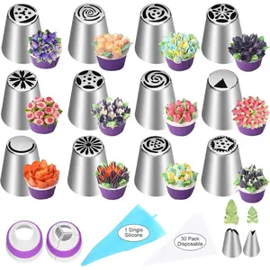 count Russian Piping Tips Set, 12 Flower Frosting Nozzles Icing Tips for Cake Decorating Tips Kit, Baking Supplies for Cookie Cupcake, 2 Leaf Piping Tips 2 Couplers 30 Pastry Baking Bags