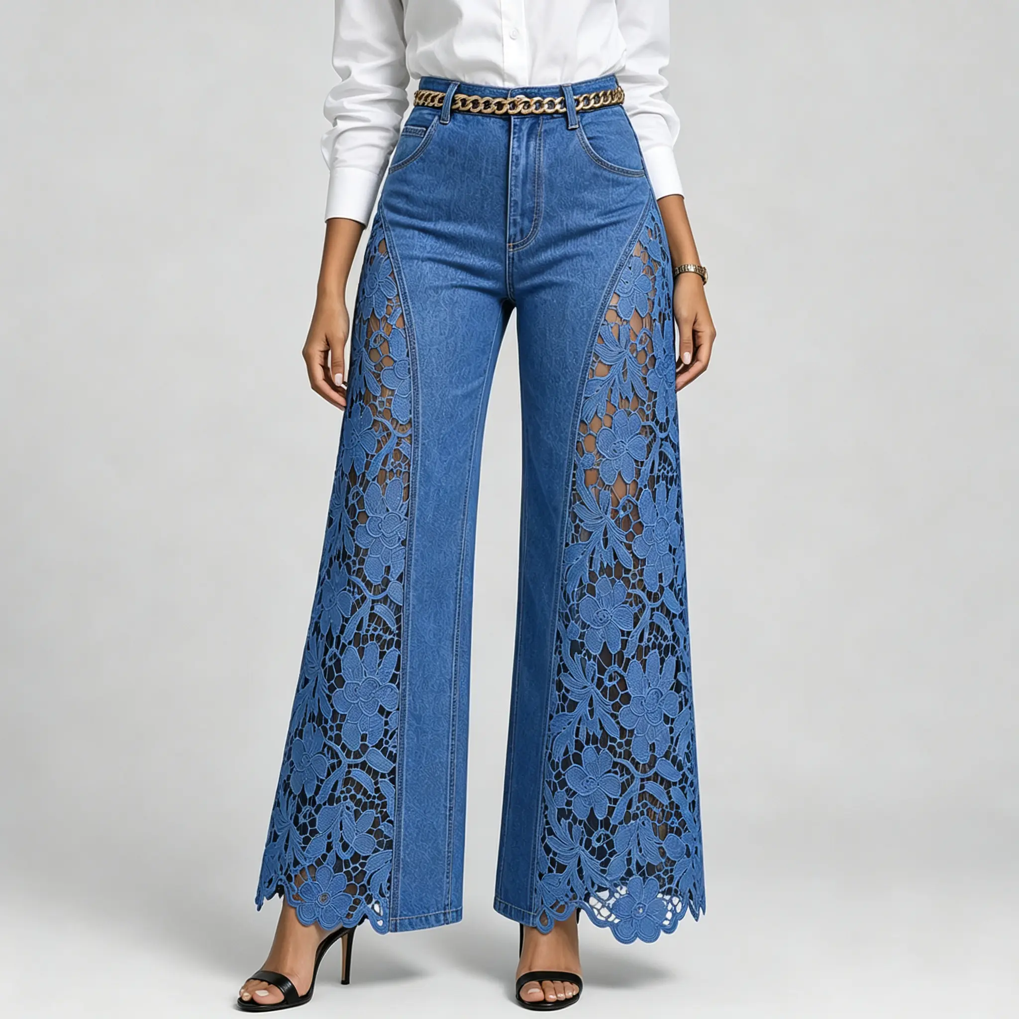 ChicCurve Women's Trendy High Waisted Wide Leg Jeans, Elegant Floral Lace Patchwork Detail, Stylish Relaxed Fit Denim Pants for Fashionable Casual, Vacation & Chic Street Outfits