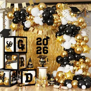 Black Graduation Party Decorations - Set of 4 Balloons Boxes with Black  Balloon Arch Kit and Fringe Curtains, So Proud of You 2026 Congrats Grad for High School & College Celebrations