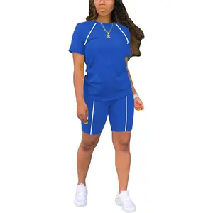 2 piece Short Sets Classic Striped Outfits Summer Casual Short Sleeve and Short Jogger Tracksuits Sets