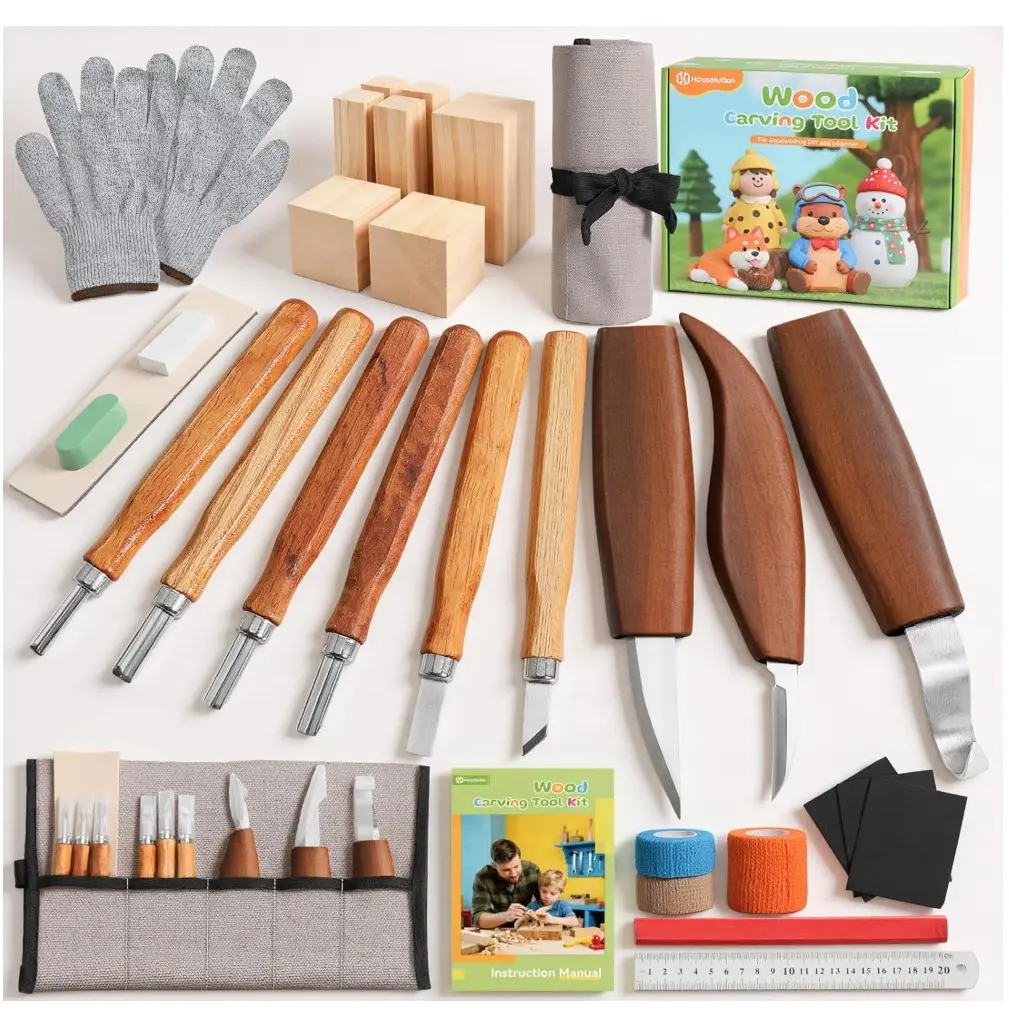Housolution Wood Carving Kit with Carrying Bag, 29PCS Wood Carving Tools Whittling Kit Includes Carving Knives Carving Chisels Basswood Blocks Gloves, Woodworking Tools for Beginners DIY Hobbies, Gray