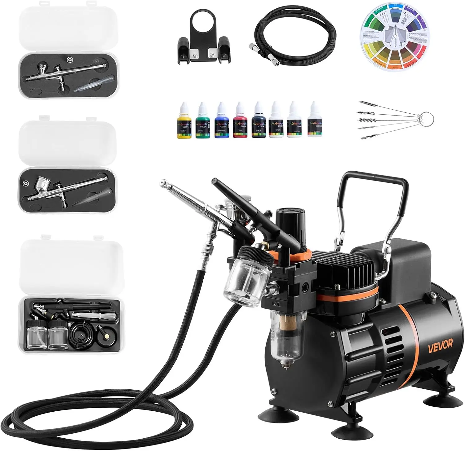 VEVOR Professional Airbrush Kit with 1/6 HP Air Compressor, 3 Dual-Action Airbrushes with 3 Tips, Hose, Acrylic Paint, 2 Fans, Low Noise Spray Gun Set for Cake Decorating, Model Painting