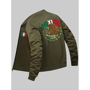 Men's Letter & Eagle & Cactus Print Zip Up Baseball Collar Jacket, Regular Fit Casual Long Sleeve Pocket Outerwear for Fall & Winter, Men's Clothes for Daily Wear