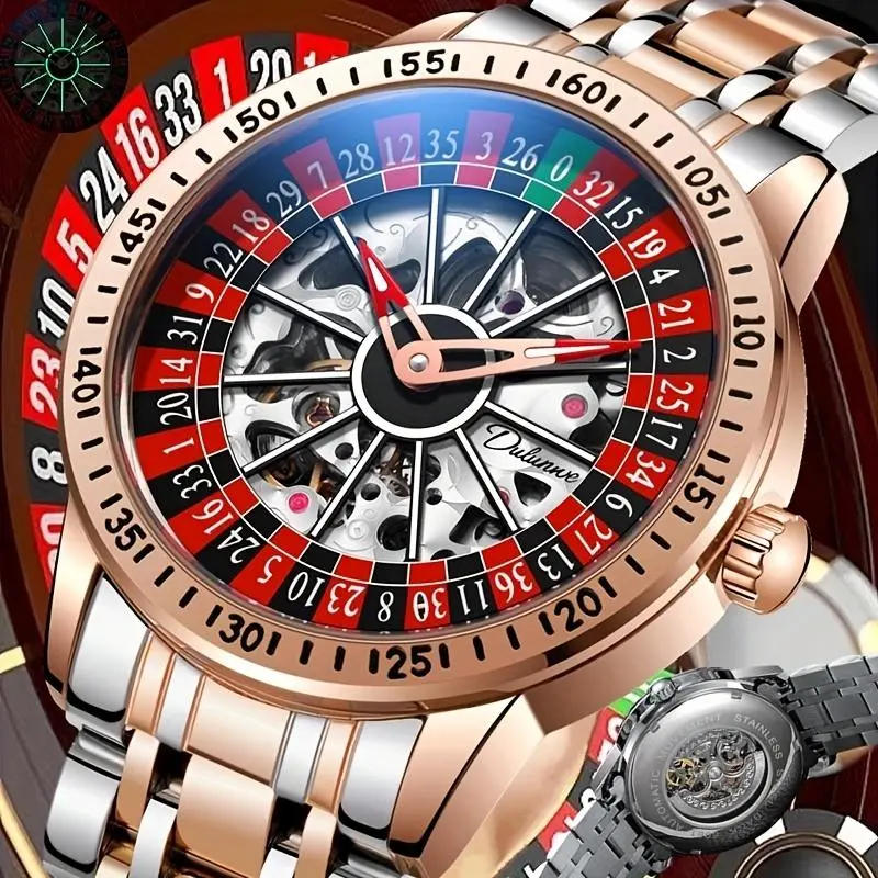 Men's Luxury Skeleton Watch with Roulette Dial, Stainless Steel Automatic Mechanical, Waterproof for Business