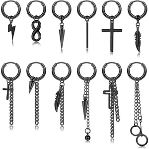 Cassieca 12 Count Chain Hoop Dangle Earrings Set for Men Women Stainless Steel Hinged Cross Feather Long Chain Huggie Hoop Earrings Daily