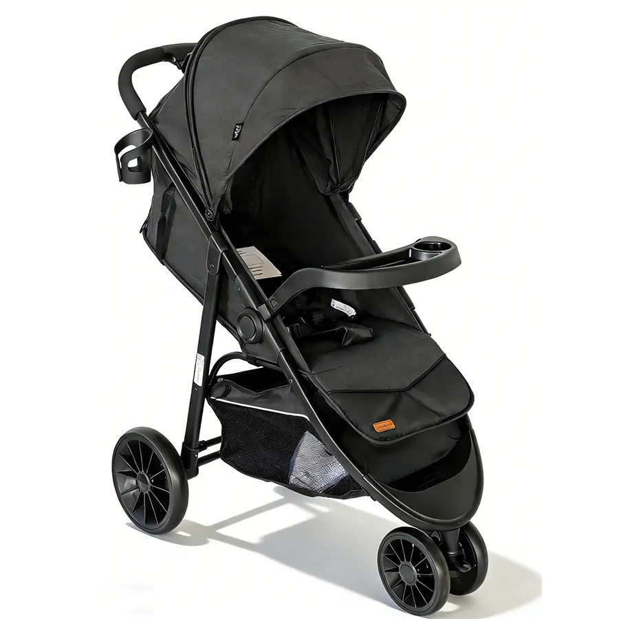 3-Wheel Baby Stroller, Foldable Infant Stroller, Equipped with A Tray and Cup Holder, with An Extended Sun Canopy with Zipper, Mesh Window, Easy One-Hand Fold, Newborn Stroller
